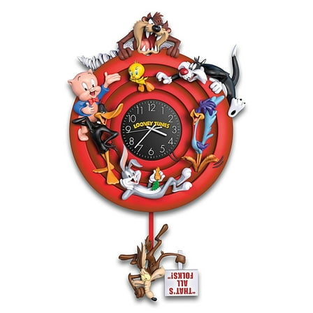 The Bradford Exchange Looney Tunes Sculptural Wall Clock Heirloom Quality with Eight Iconic Characters, Time-Intensive Hand-Painting & Quaint 'That's All Folks!' Pendulum 16-Inches