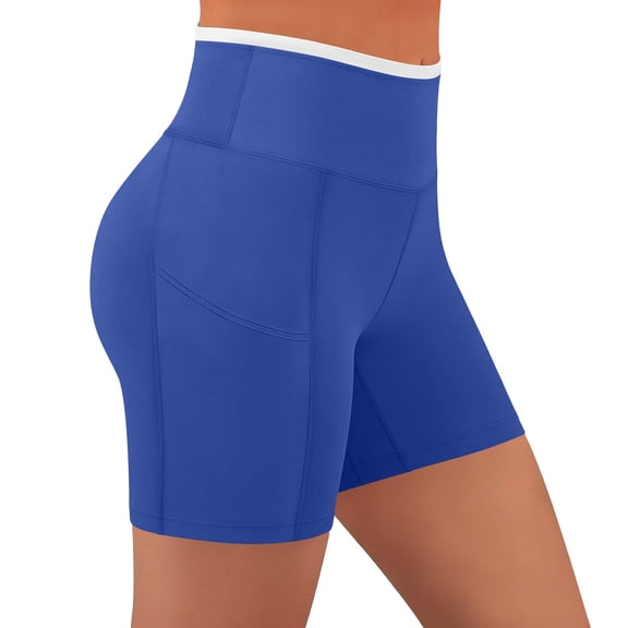 Hurxie Womens Biker Yoga Shorts with Pocket, High Waisted Tummy Control 5 Inch Workout Spandex Athletic Gym Shorts Blue,XL
