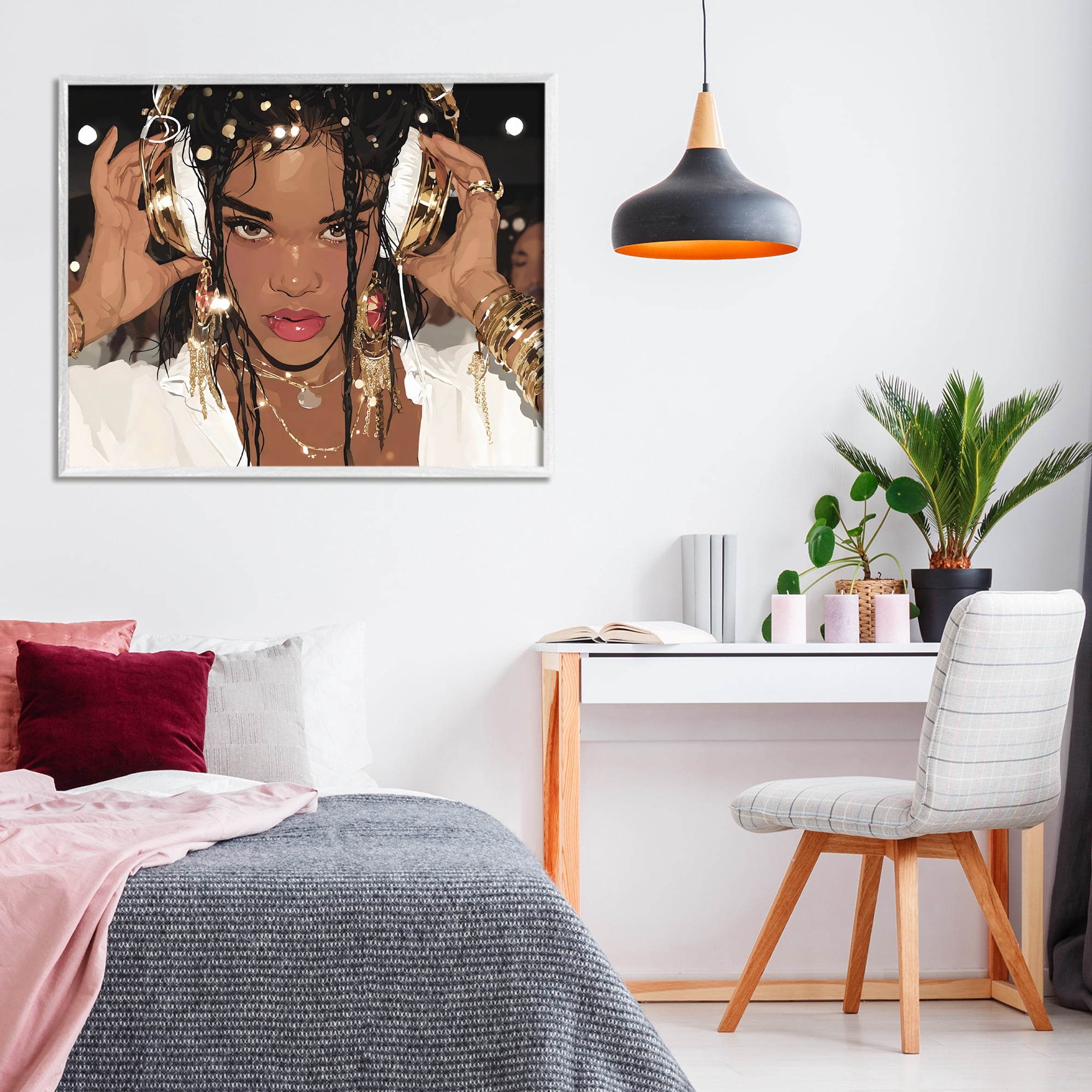 Stupell Industries Gold Headphones Glam Female White Framed Giclee Art, design by Franklyn Gregory