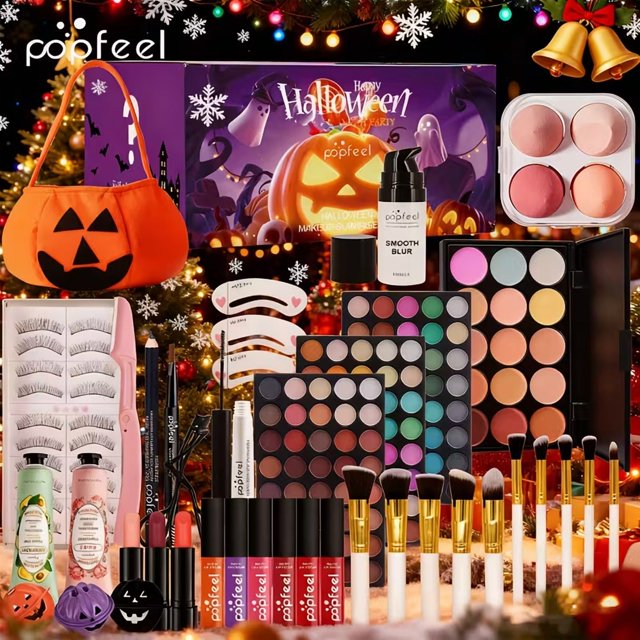 POPFEEL Complete Halloween Makeup Kit with Step-by-Step Guide - Full Face Palette Set, Eyeshadow, Lip Gloss, Mascara & Brushes