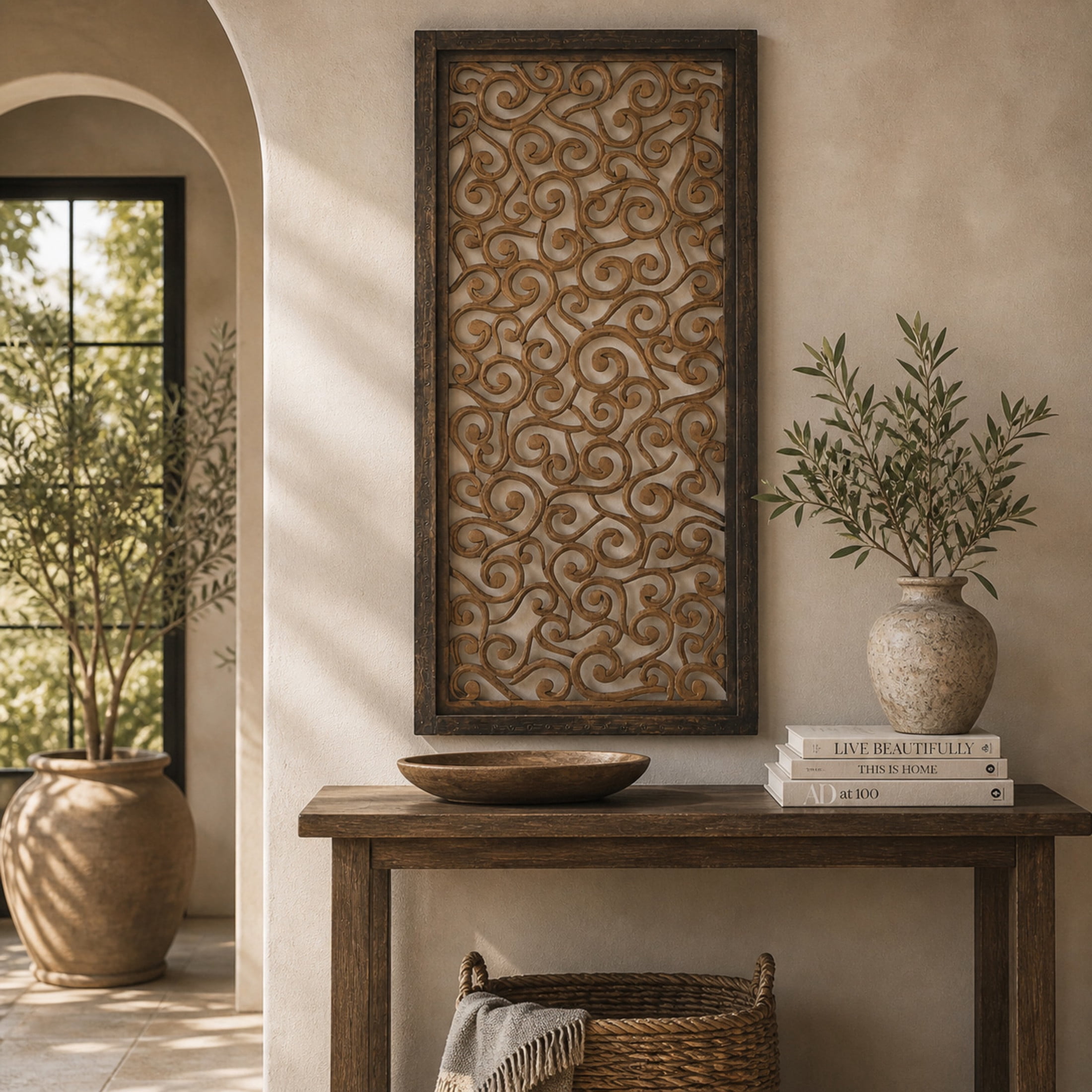 DecMode Traditional Wood Carved Vine Scroll Design with Brown Finish, 24"W x 51"H