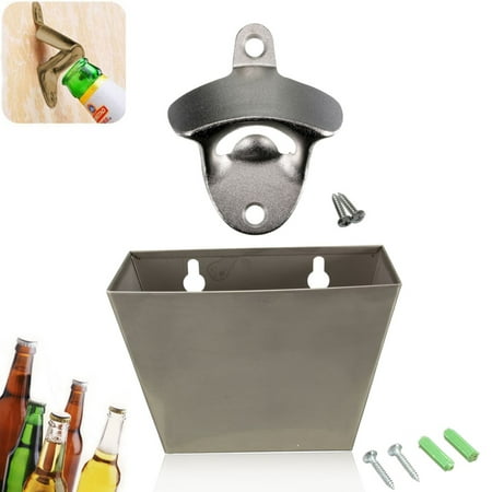 Wall Mount Stainless Steel Home Bar Tools & Accessories Kitchen Bar Beer Bottle Opener + Cap Catcher Box Screw in