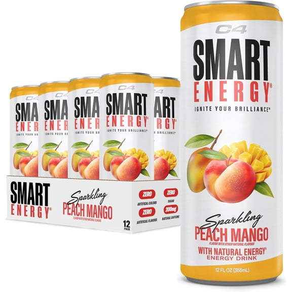 C4 Smart Energy Drink, Peach Mango Flavor, Zero Sugar, Carbonated, 12 oz can (12 Pack)