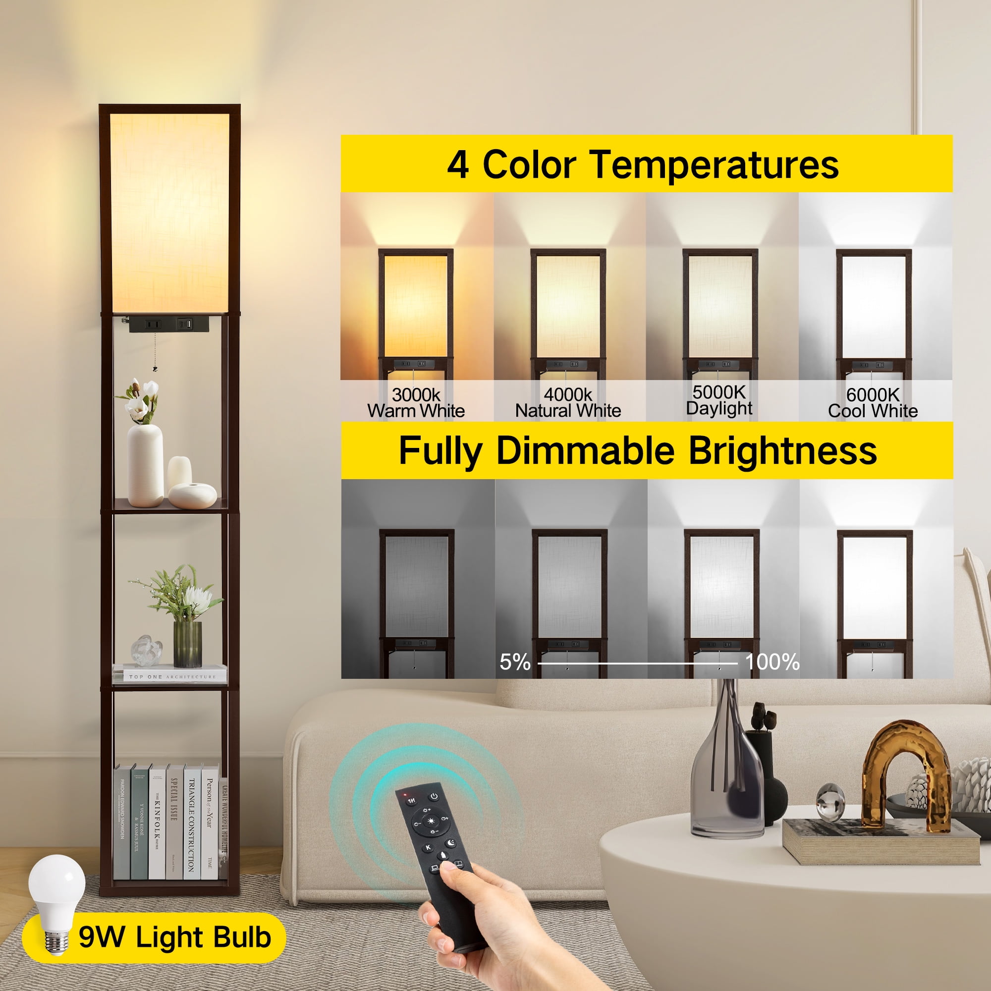 OUTON Floor Lamp with Shelves and Charging,  63.7''  Dimmable Standing Tall Wood Shelf Lamp with Remote for Living Room, Bedroom, Brown
