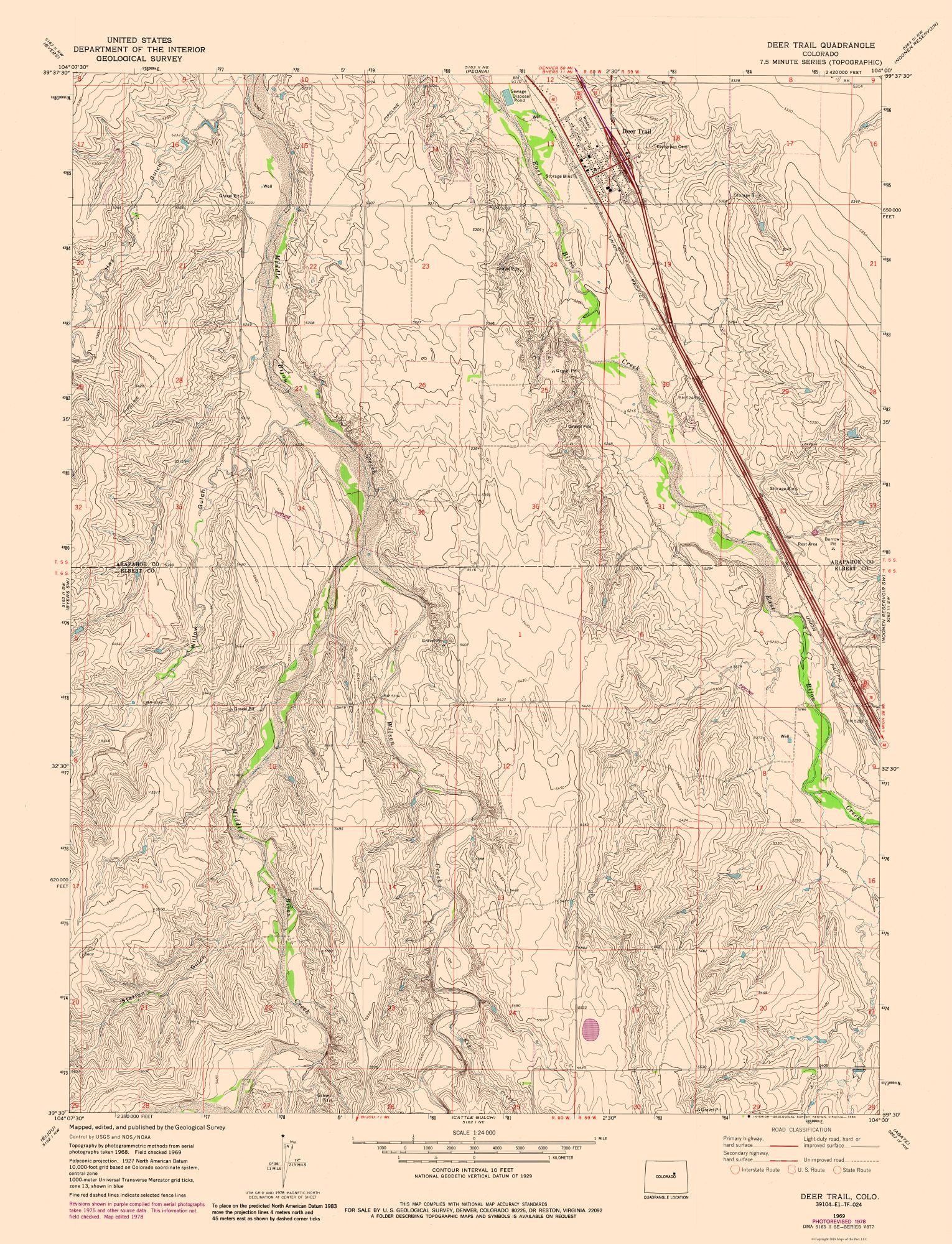 Topo Map Deer Trail Colorado Quad USGS 1978 23.00 x 30.07