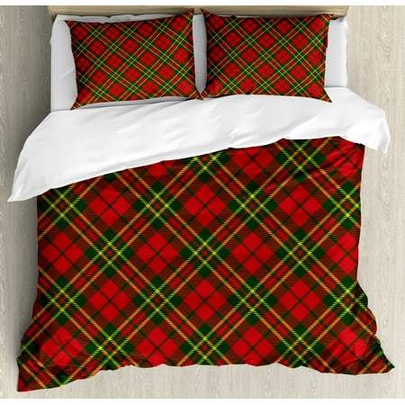 Christmas Plaid Bedding Checkered Duvet Cover Set, Irish Tartan Plaid Motifs in Christmas Colors Geometrical Crossed Stripes, Decorative Bedding Set with Pillow Shams, Red Emerald Yellow, by Ambesonne ()