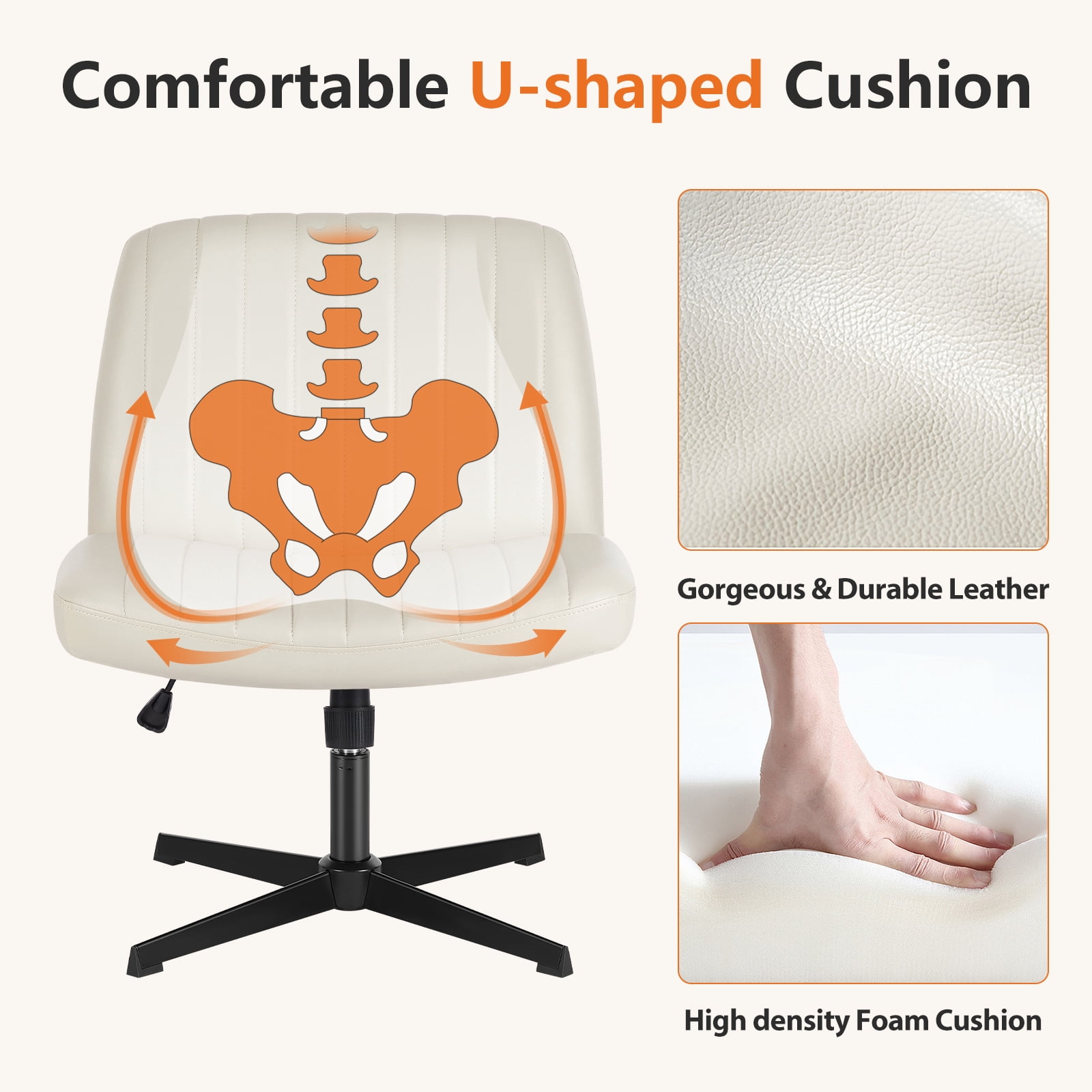MCQ  Criss Cross Chair Legged Office Wide Comfy Desk Leather Seat, Armless Computer  Seating, Height Adjustable, for Family Bedroom, Biege