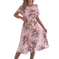 thumbnail image 2 of Women's Floral Elegant Pleated Midi Print Batwing Sleeve Tie Waist Dress for Daily Wear Pink S, 2 of 10
