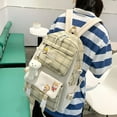 thumbnail image 5 of fankhu 5pcs Plaid Casual Backpack Combo Set Pendant Badge Canvas School Bags (Khaki), 5 of 9