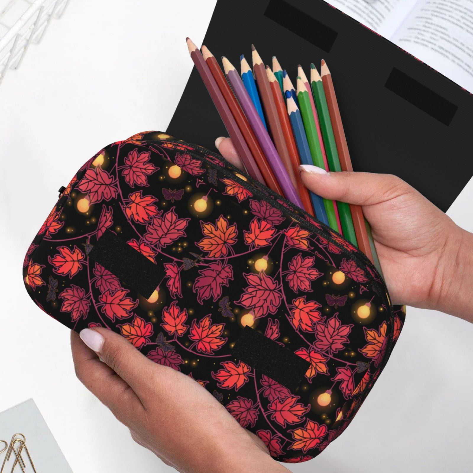 Rateoe Beautiful Maple Leaf Lantern Pattern Double Clamshell Pen Case, Storage Organizer with Two Zipper Compartments– Holds Up to 50 Pencils & Pens