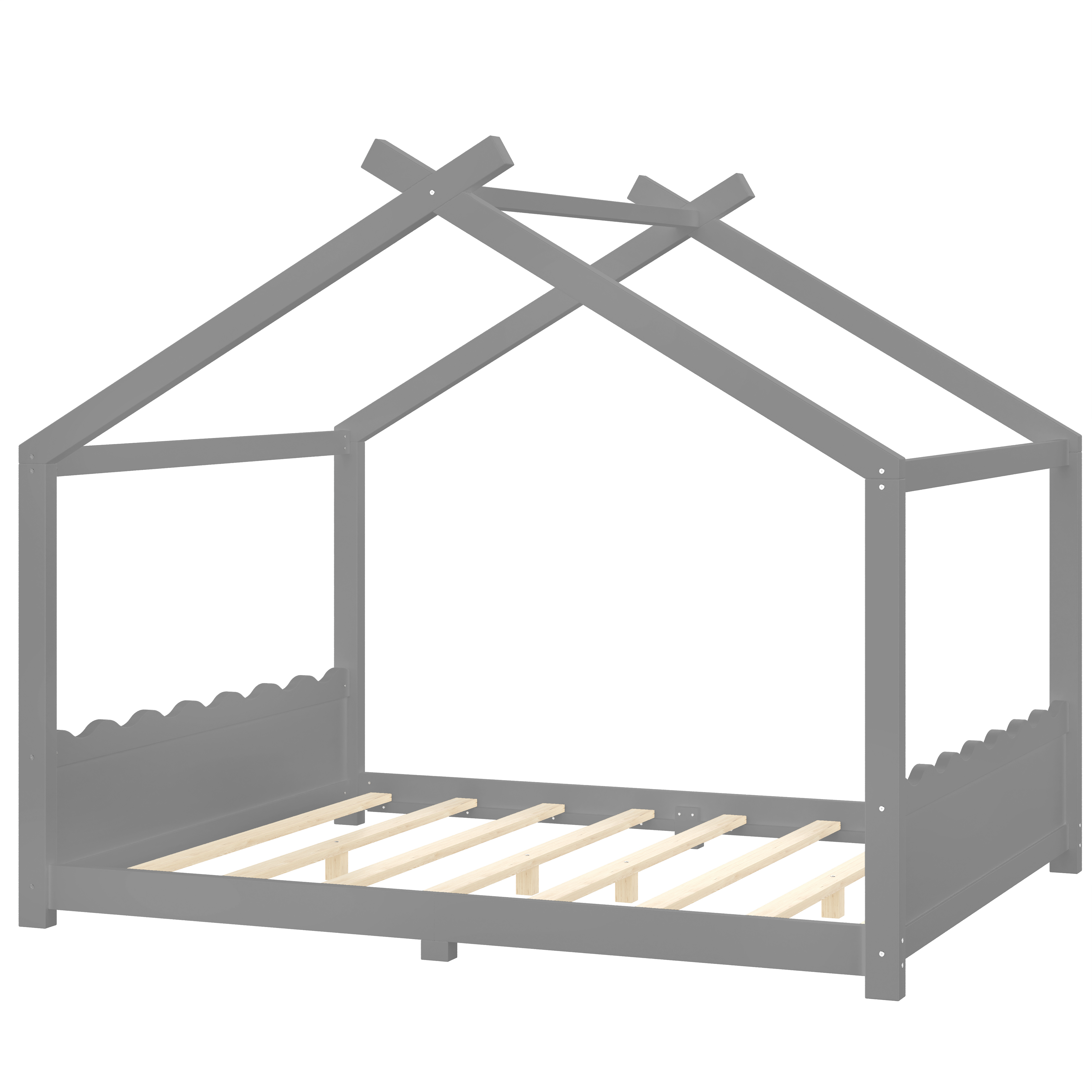 Yoneston Queen House Floor Bed with Roof, Solid Wood Platform Bed Frame with Opening Constructure for Kids, No Box Spring Needed, Gray