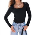 thumbnail image 2 of Camisas de Larga para Mujer, Blusas de Cuello Cuadrado, Blusas Básicas de Punto Acanalado, Conjuntos de Otoño, Ropa de Moda Negro XXL, 2 of 8