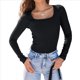 thumbnail image 2 of Camisas de Larga para Mujer, Blusas de Cuello Cuadrado, Blusas Básicas de Punto Acanalado, Conjuntos de Otoño, Ropa de Moda Negro L, 2 of 8