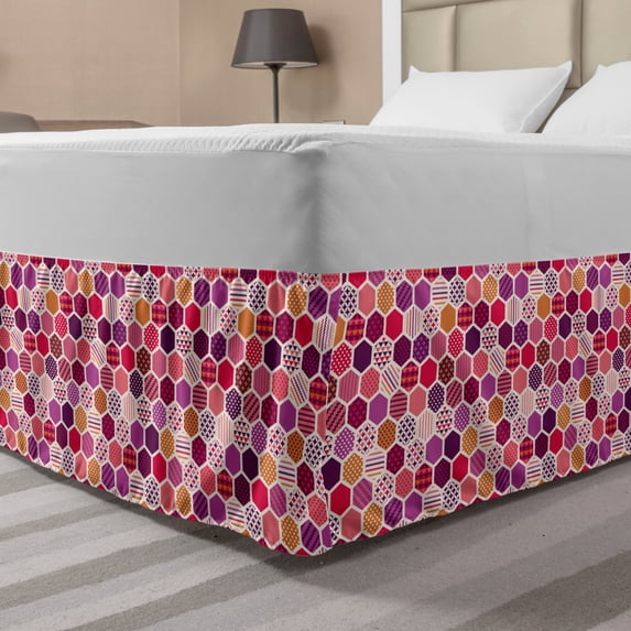 Geometric Bed Skirt, Honeycomb Style Hexagons Various Abstract Pattern, Elastic Bedskirt Dust Ruffle Wrap Around for Bedding Decor, 4 Sizes, Plum Multicolor, by Ambesonne