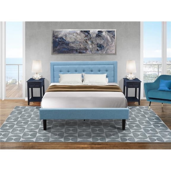 East West Furniture FN11K-2VL0C 3-Piece Platform Bed Set with 1 Modern Bed and 2 Bedroom Nightstands - Denim Blue Linen Fabric
