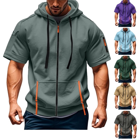 HAJWOH Hoodies for Men Zip Up Short Sleeve Lightweight Jacket Workout Gym Muscle Shirts with Pocket