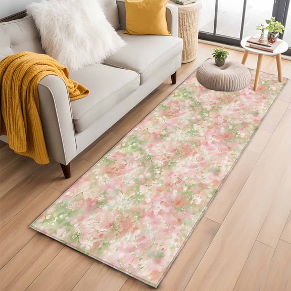 Pink Green Flower Runner Rug 2x6 FT, Non Slip Hallway Rugs, Watercolor Summer Botanical Washable Soft Floor Carpet Non-Shedding Throw Runner Carpet Long Rug for Entryway Kitchen Bedside Sliding Door