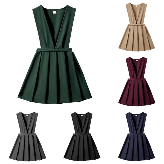 Krdevn Kids Pleated Pinafore Dress, Girls Sleeveless Uniform Skirt Back to School Outfit,Green