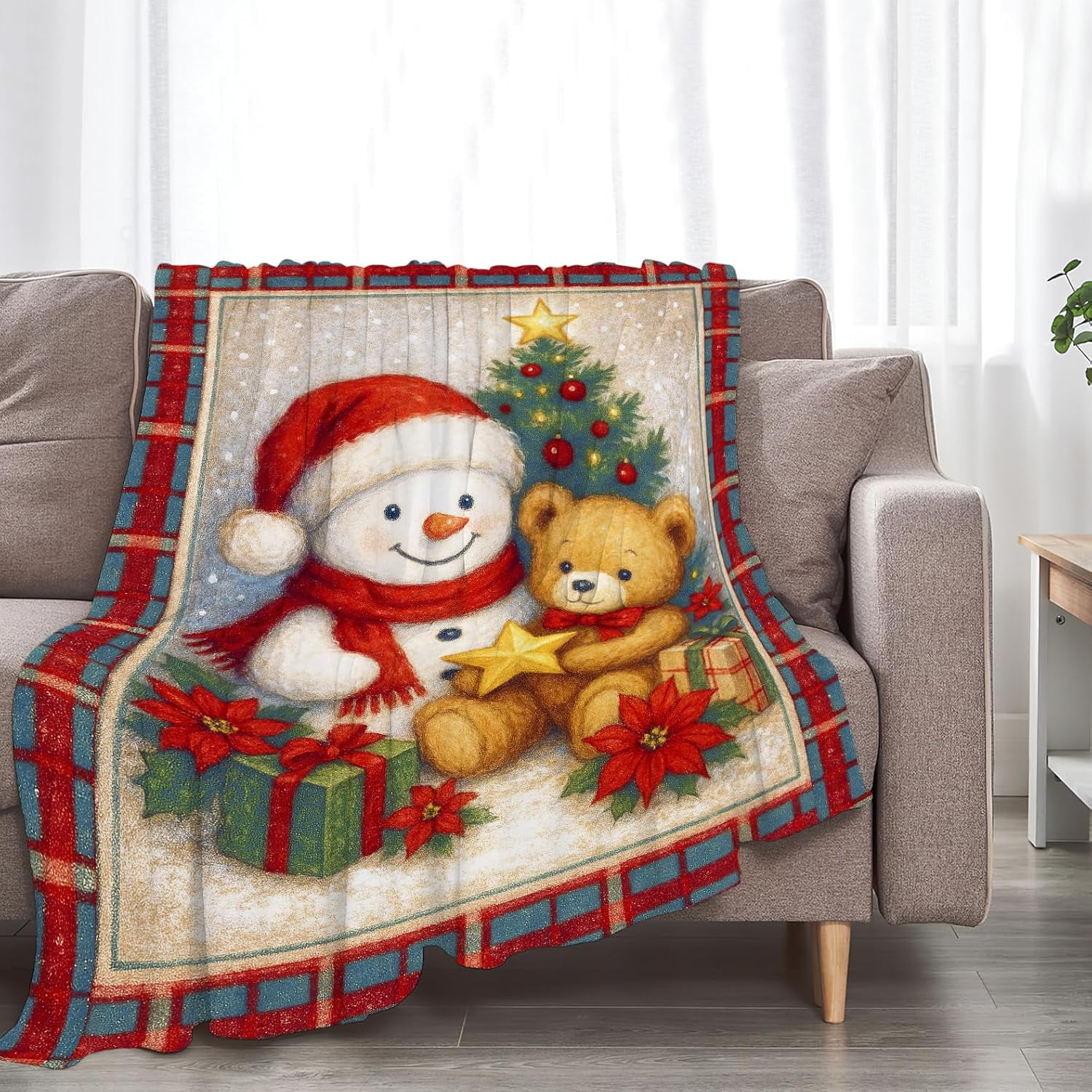Christmas Snowman Bear Blanket Super Soft Warm Fluffy Fleece Flannel Christmas Tree Blanket Cozy Fuzzy Plush Stuff Bedding Blankets Gifts for Women Users men Women Adults 60"X50"