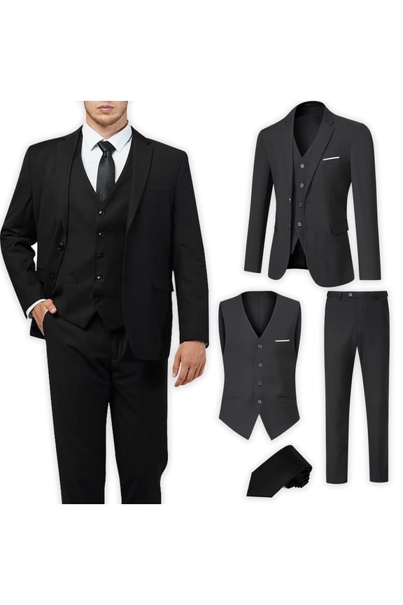 Men's Suit Slim Fit 3 Pieces Suit Set, Business Casual Suits for Men Two Button Soild Jacket Vest Pants Set with Tie
