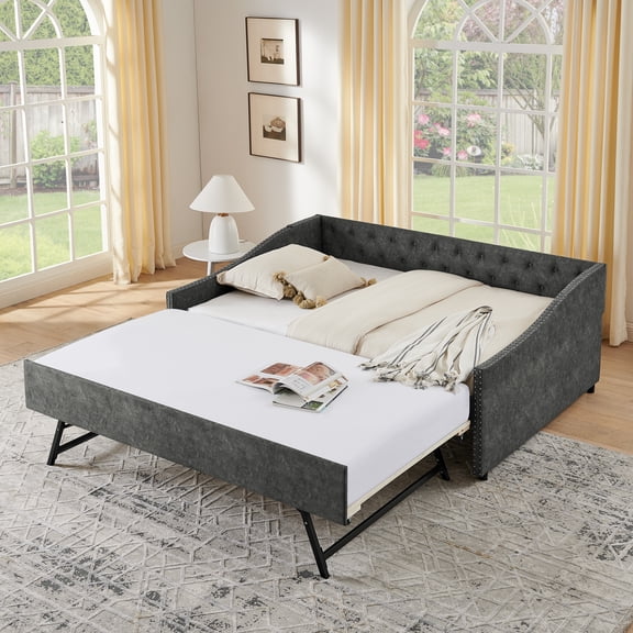 Harper & Bright Designs Full Size Upholstered Daybed with Trundle, Button Tufted Sofa Bed Frame with USB and Waved Shape Arms for Living Room and Bedroom, Gray