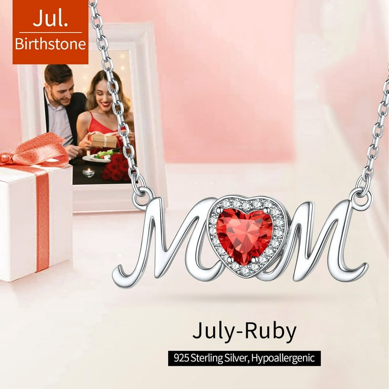 ChicSilver July Created Ruby Birthstone Heart Necklace for Mom Grandma Shiny CZ Sterling Silver Pendant Necklace Birthday Mother Day Gift