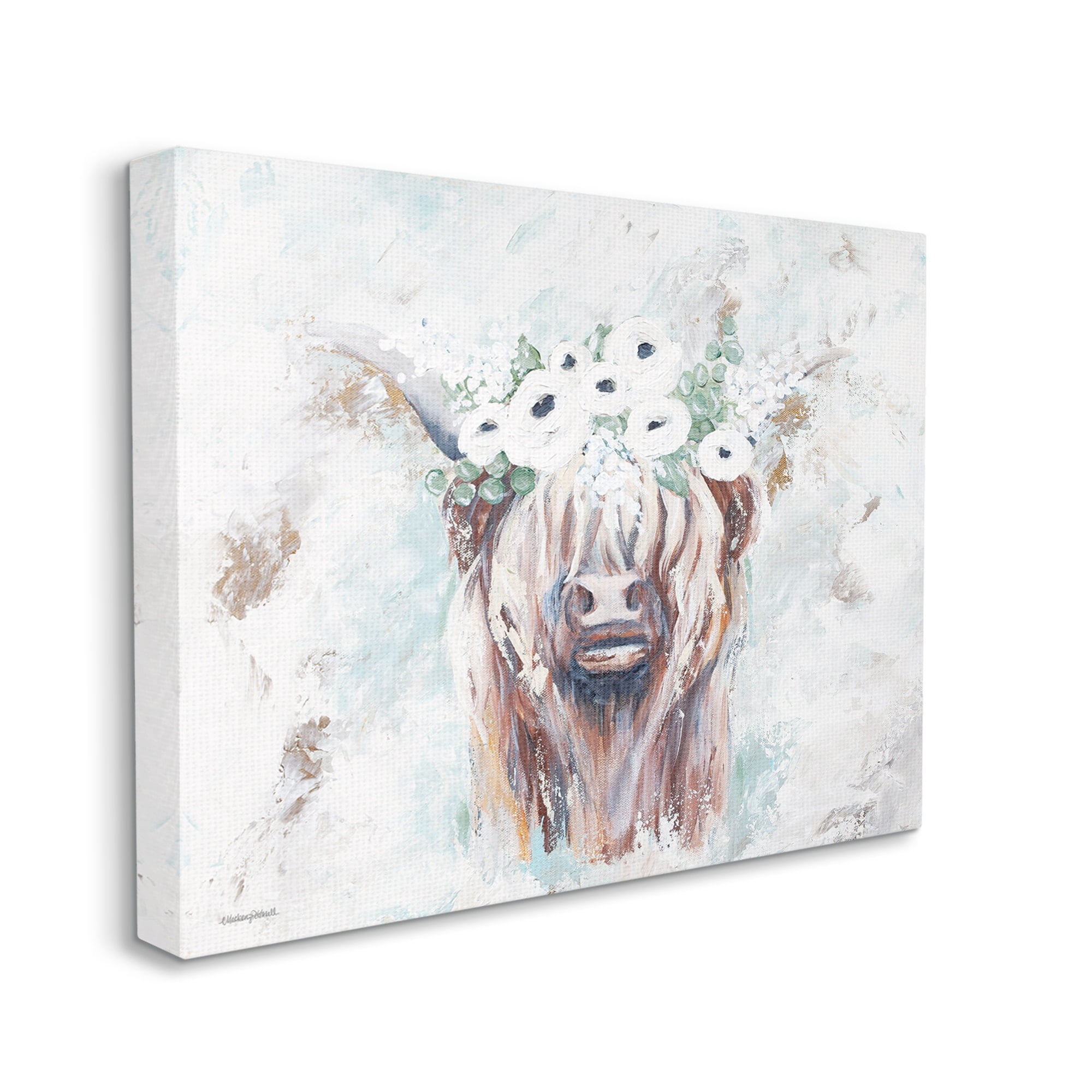 Stupell Industries Rustic Country Longhorn Cattle Flecked Flower Blossoms Canvas Wall Art, 20 x 16, Design by Mackenzie Kissell