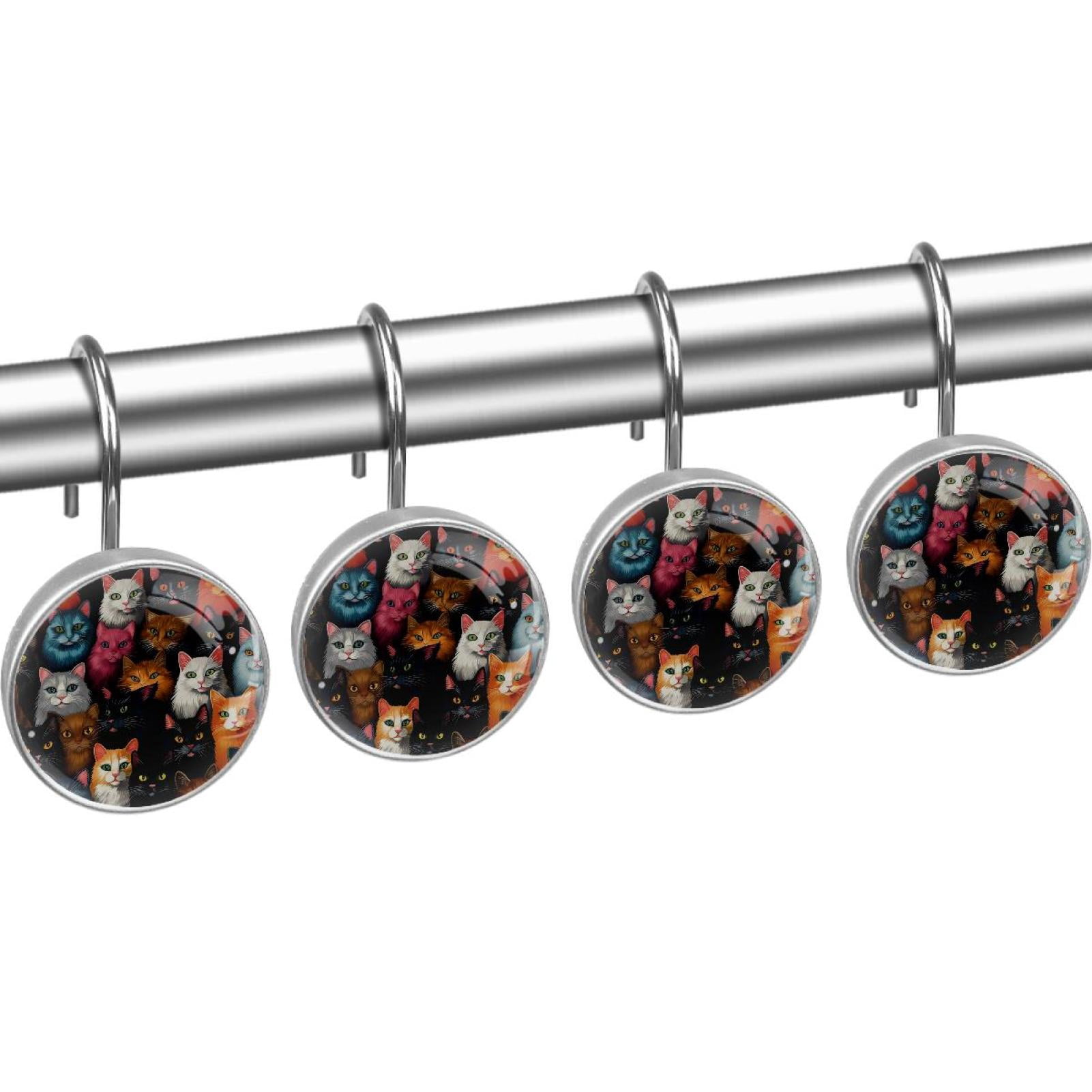 HemaKayy 12 Pcs Decorative Shower Curtain Hooks - Stainless Steel Rings for Bathroom Décor - Easy Glide & Secure Hold - Perfect Decoration for Bathroom Shower Rods - Pet Cats