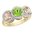 thumbnail image 1 of 14K Yellow Gold Natural Peridot & Morganite Sides Round 3-stone Ring Diamond Accents, size 8.5, 1 of 2