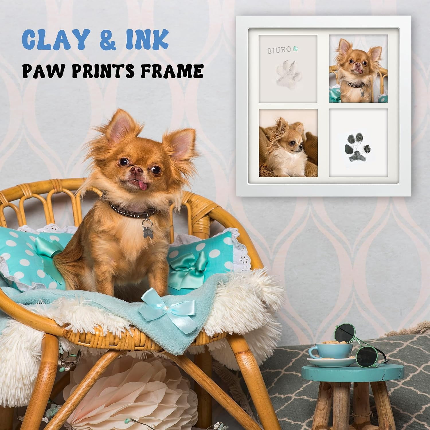 Ink & Clay Paw Print Kit for Dog Cat,Clean-Touch Ink Pad & Soft Clay,Pet Paw Print Impression Kit Large Area,Keepsake Frame for 1-2 Pets,Cat/Dog Gifts
