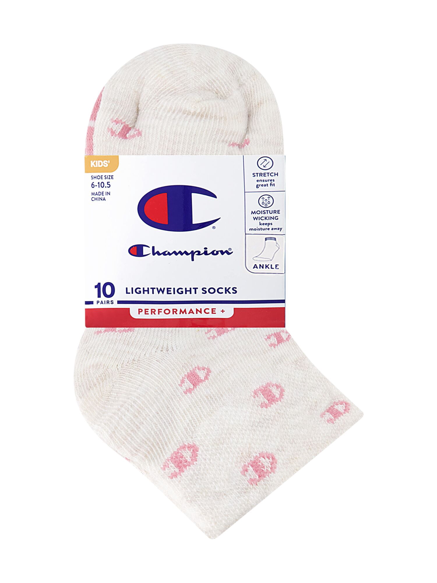 Champion Girls Lightweight Performance+ Kid Ankle Socks, 10 Pack, Sizes S–L