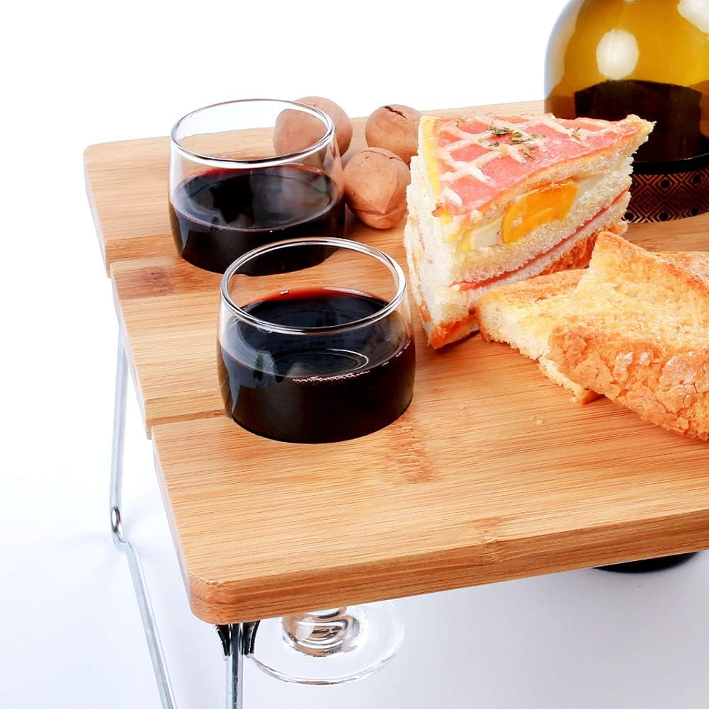 Portable Bamboo Wine Picnic Table – Folding Outdoor Snack & Cheese Tray with 4 Glass Holders – Ideal Gift for Wine Lovers