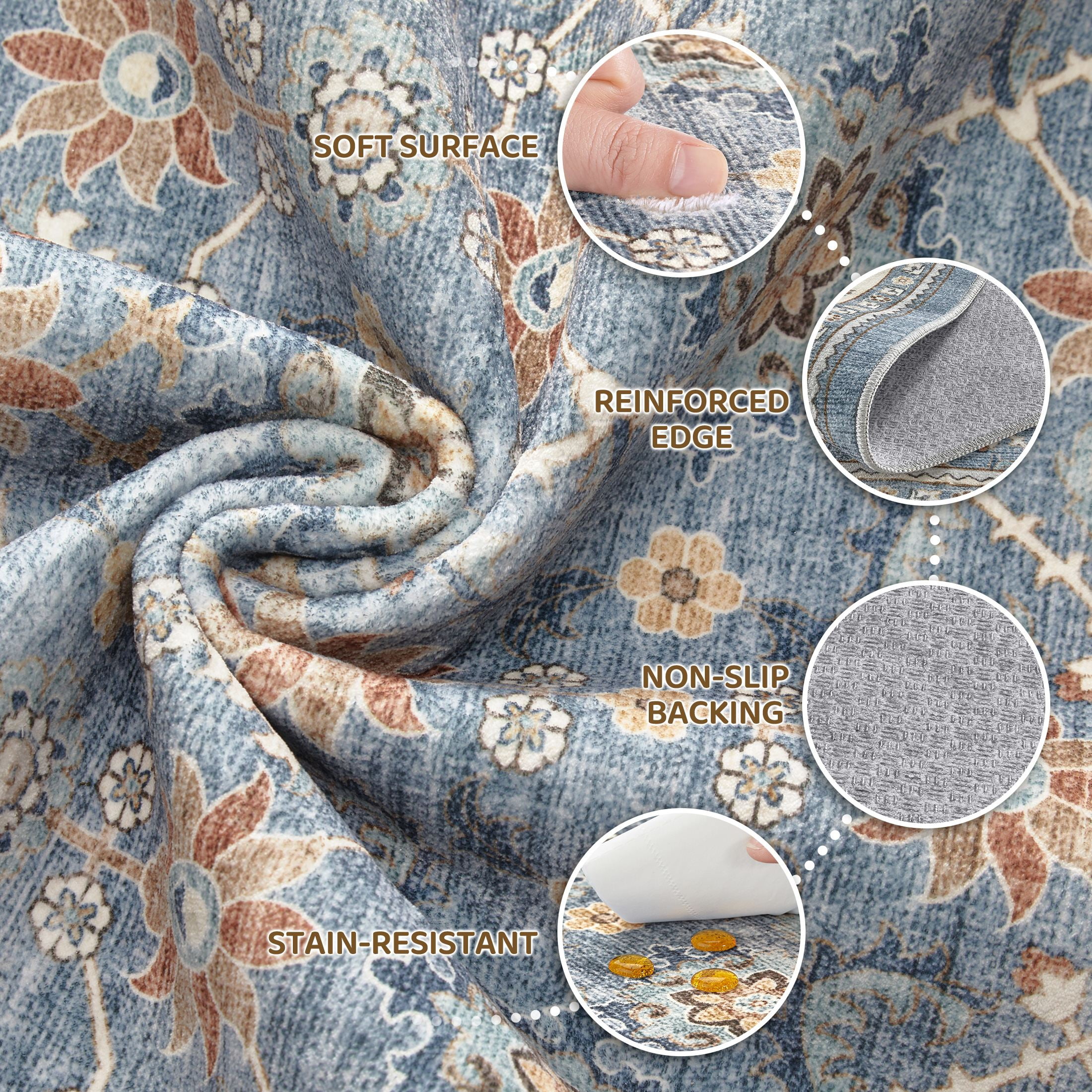 UERMEI 5'x7' Washable Area Rugs for Living Room, Vacuum Friendly, Non-Silp Low-Pile Rug for Bedroom, Boho Home Decor Carpets, Blue