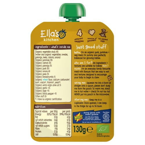 Ella's Kitchen Pork Bangers & Mash Baby Food Pouch 7+ Months 130g, British Import (Pack of 2)