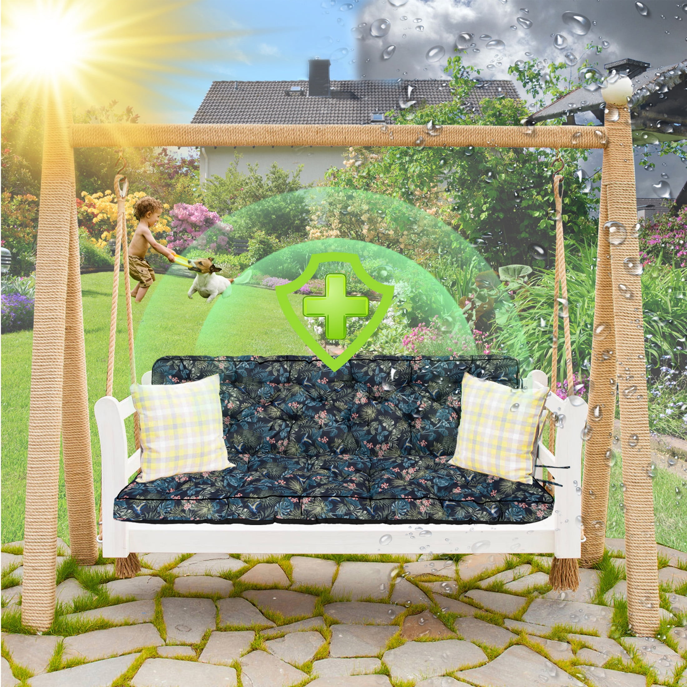Porch Swing Cushion Thicken 4", 63" Swing Cushions 2-3 Seater Replacement, Waterproof Bench Cushions with Backrest, Anti-Fading Patio Swing Chair Pads for Outdoor Garden Furniture