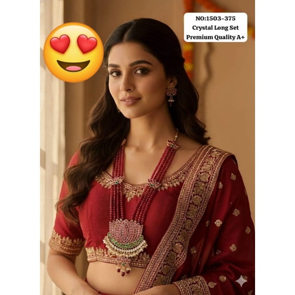 Indian Women's Gold Plated Crystal Long Necklace Set for Women Lotus Jewelry with Earrings Jewellery For Women Wedding Wear Gift