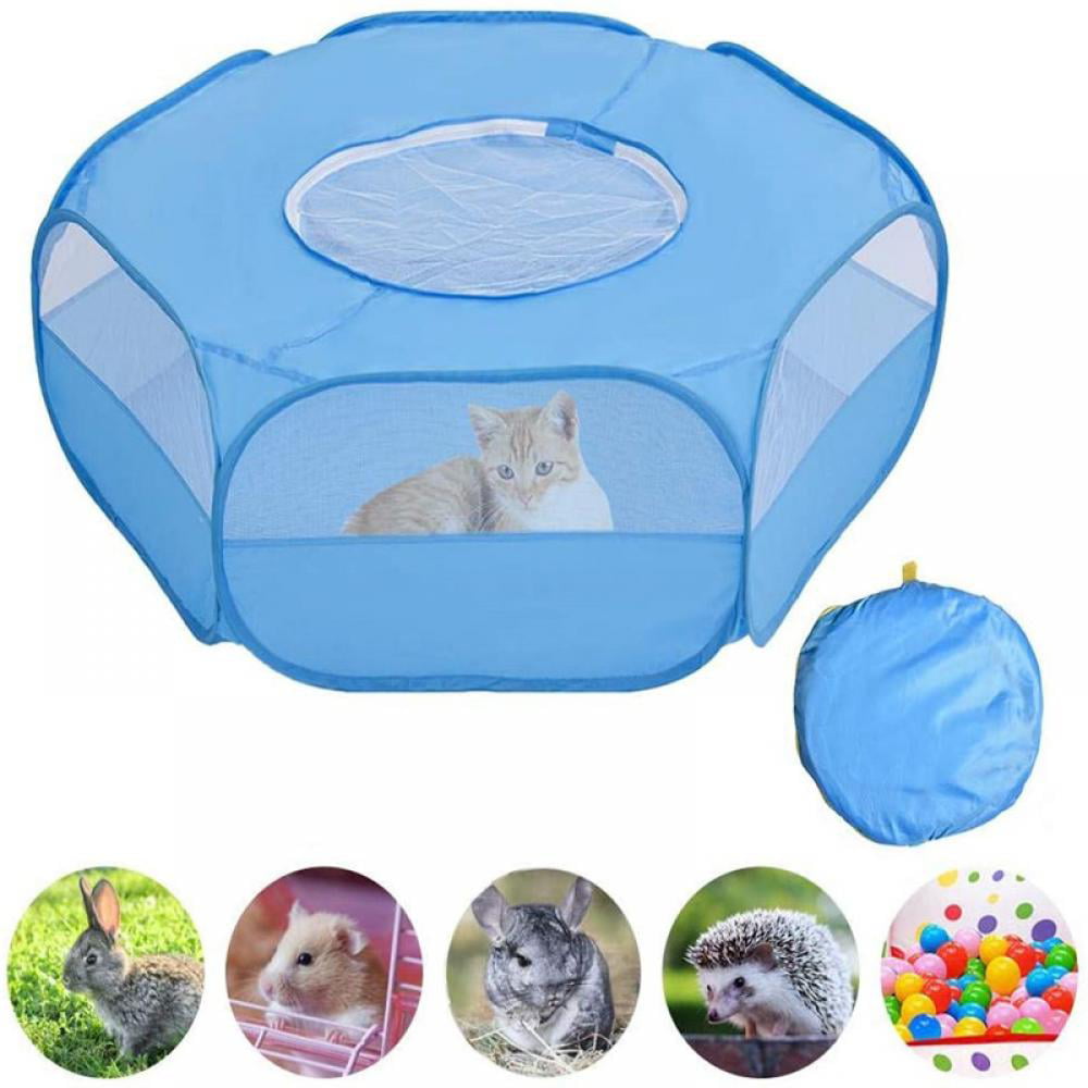 Small Pet Cage with Cover Exercise Yard Fence Portable Small Animals Playpen Transparent Tent Breathable Pop Up Cage Escape Proof Playpen Cage for Guinea Pig Rabbit Hamsters Hedgehog Puppy Cats 