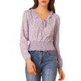 thumbnail image 1 of Top de cintura fruncida Allegra K con cuello con volantes y lazo floral para mujer Morado claro M, 1 of 6