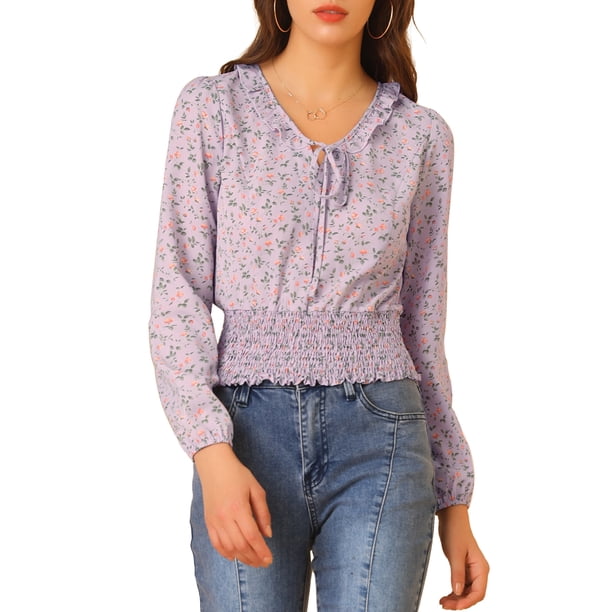 Allegra K Top de cintura fruncida de manga larga con cuello con volantes y lazo floral para mujer Morado claro L Unique Bargains Blusa
