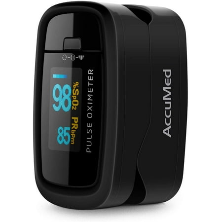 AccuMed CMS-50D1 Fingertip Pulse Oximeter Blood Oxygen Sensor SpO2 for Sports and Aviation. Portable and Lightweight with LED Display, 2 AAA Batteries, Lanyard and Travel Case (Black)