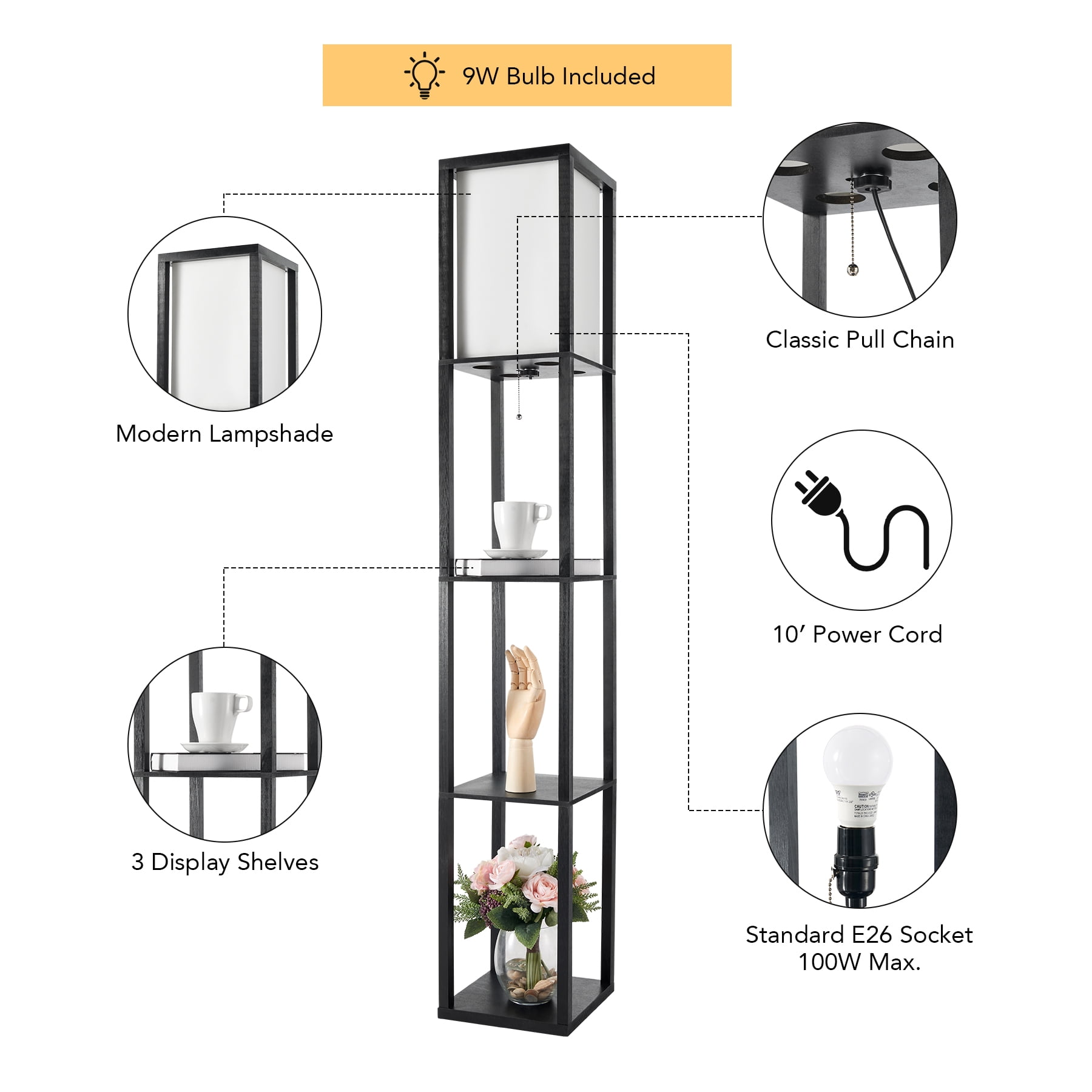 Bestco 63" Standing Lamp with Wood Shelves, 9W LED Light Bulb for Bedroom More, Black
