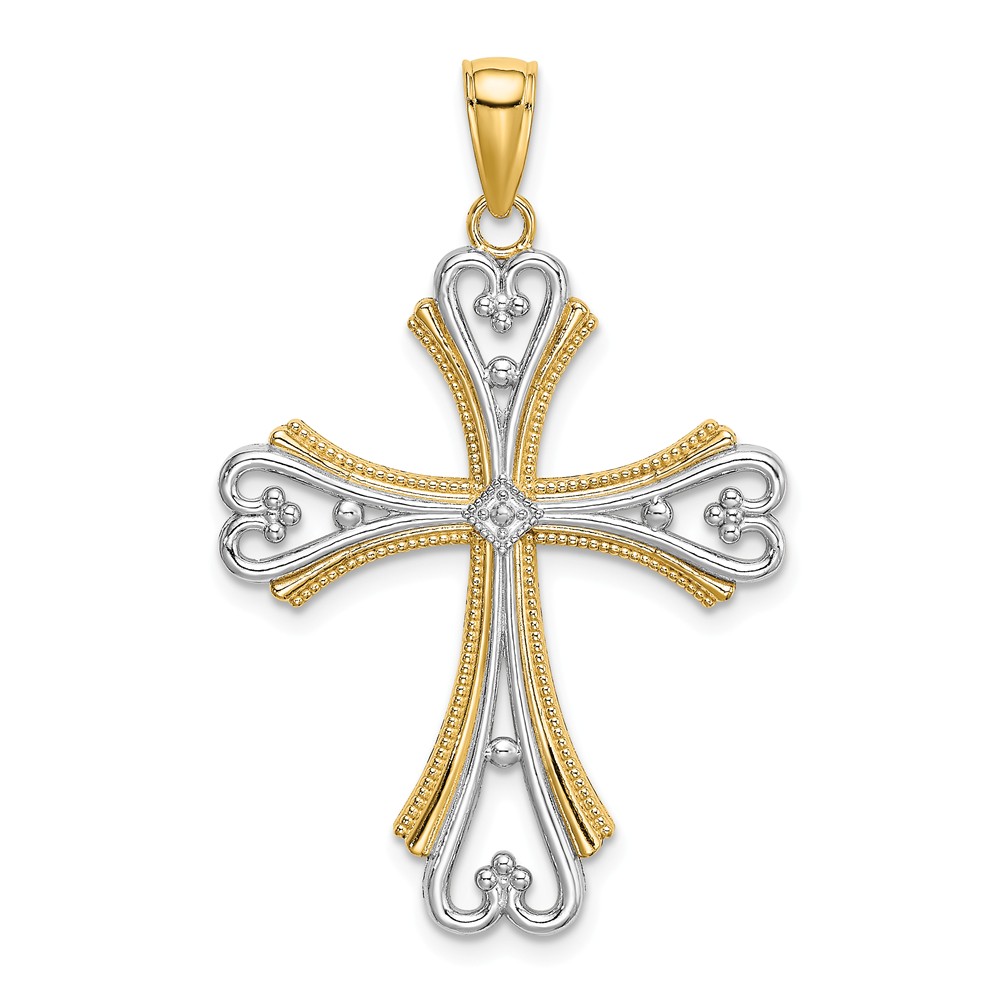 FB Jewels 14K White and Yellow Two Tone Gold Beaded Cross with White ...