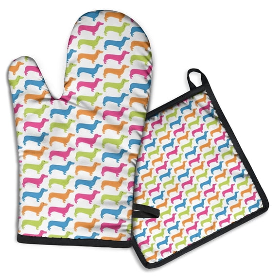 Colorful Funny Dachshund Kitchen Oven Mitt and Pot Holder Sets 2 Pcs for Baking, Cooking and Grilling, Heat Resistant Up To 392 °F