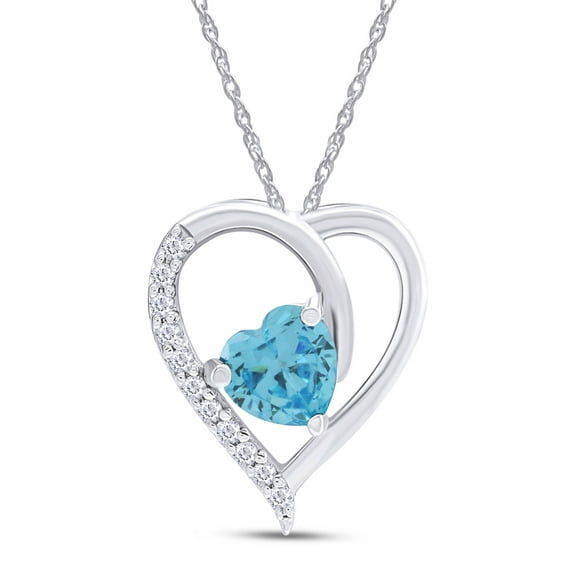 AFFY Blue Aquamarine & White CZ Womens Heart Pendant Necklace 14K White Gold Over 925 Sterling Silver