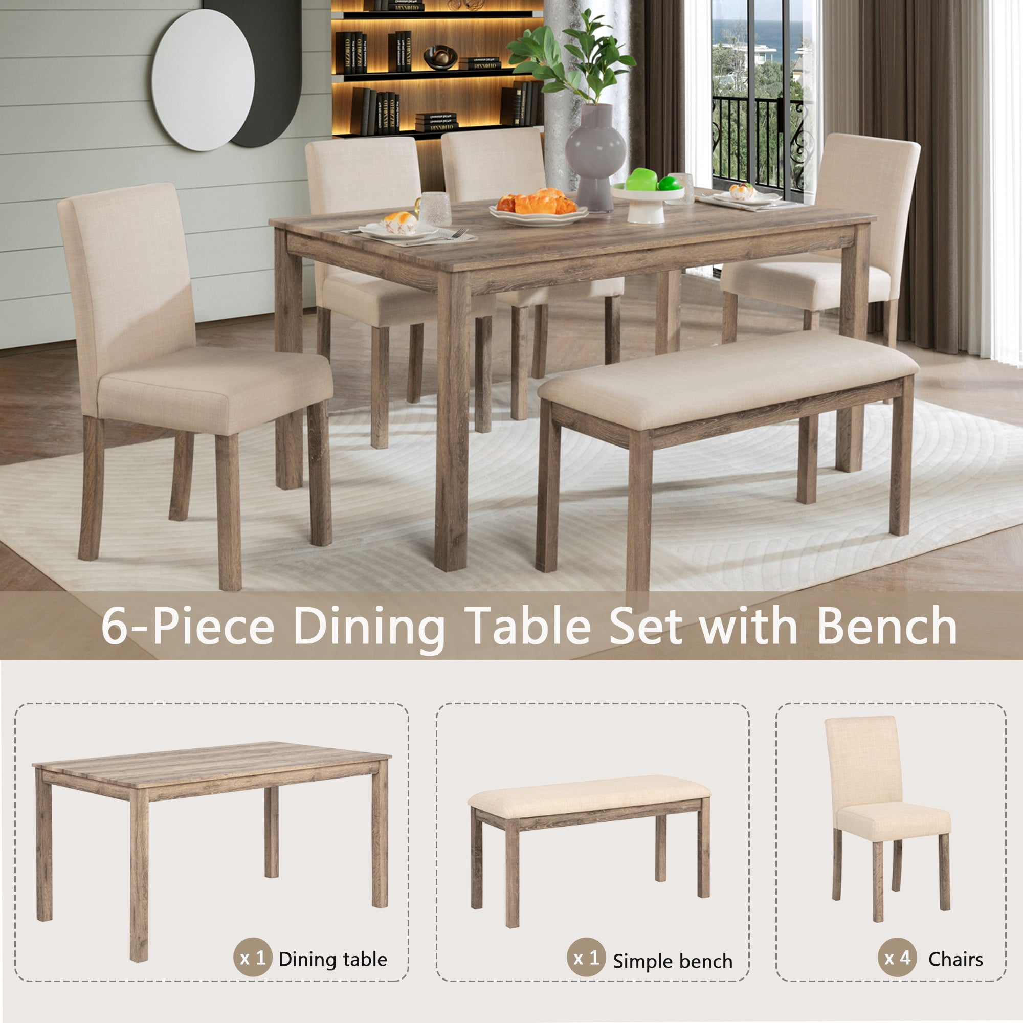 BSHTI 58.5" Wood Modern 6-Piece Dining Table Set with Fabric Upholstered Chairs, Bench, Rustic Design for Kitchen/Dining Room(Brown)