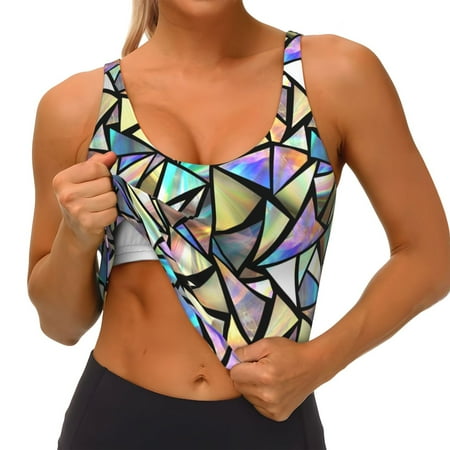 Qokaie Colored Glass Pattern Womens Scoop Neck Sports Bra Breathable Workout Vest Padded U Back Medium Impact Fitness Gym Yoga Bra Workout Crop Top