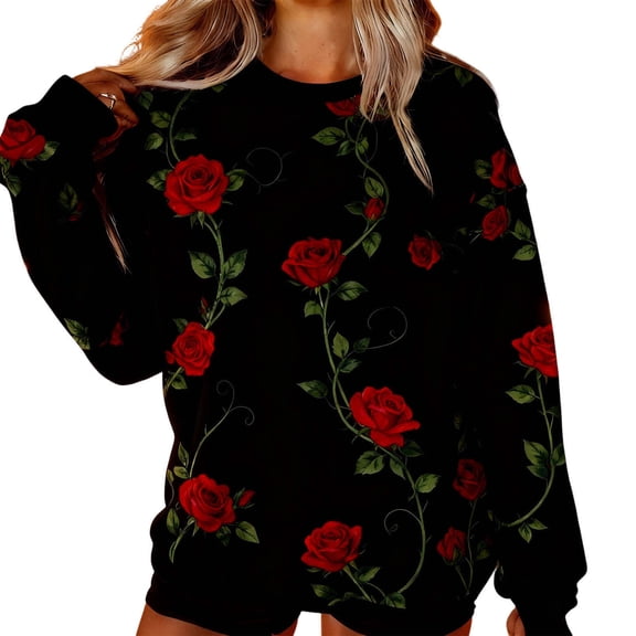 Womens Valentine's Day Rose Print Sweatshirt Black Oversized Casual Crewneck Soft Stretchy All-Over Floral Design,Size 2XL