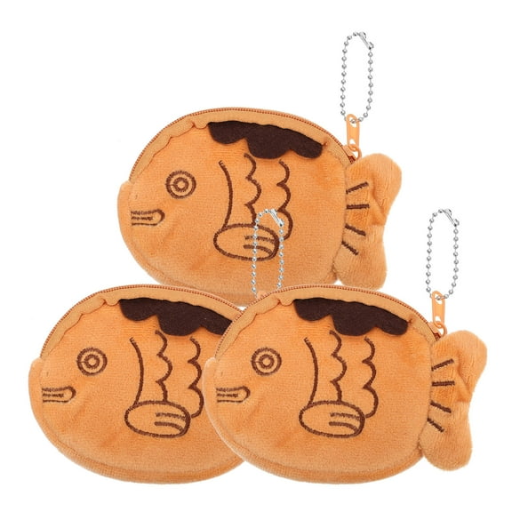 LOLIPPYY 3Pcs Small Brown Plush Coin Purse Fish Shape Zipper Change Wallet Compact Durable Gift