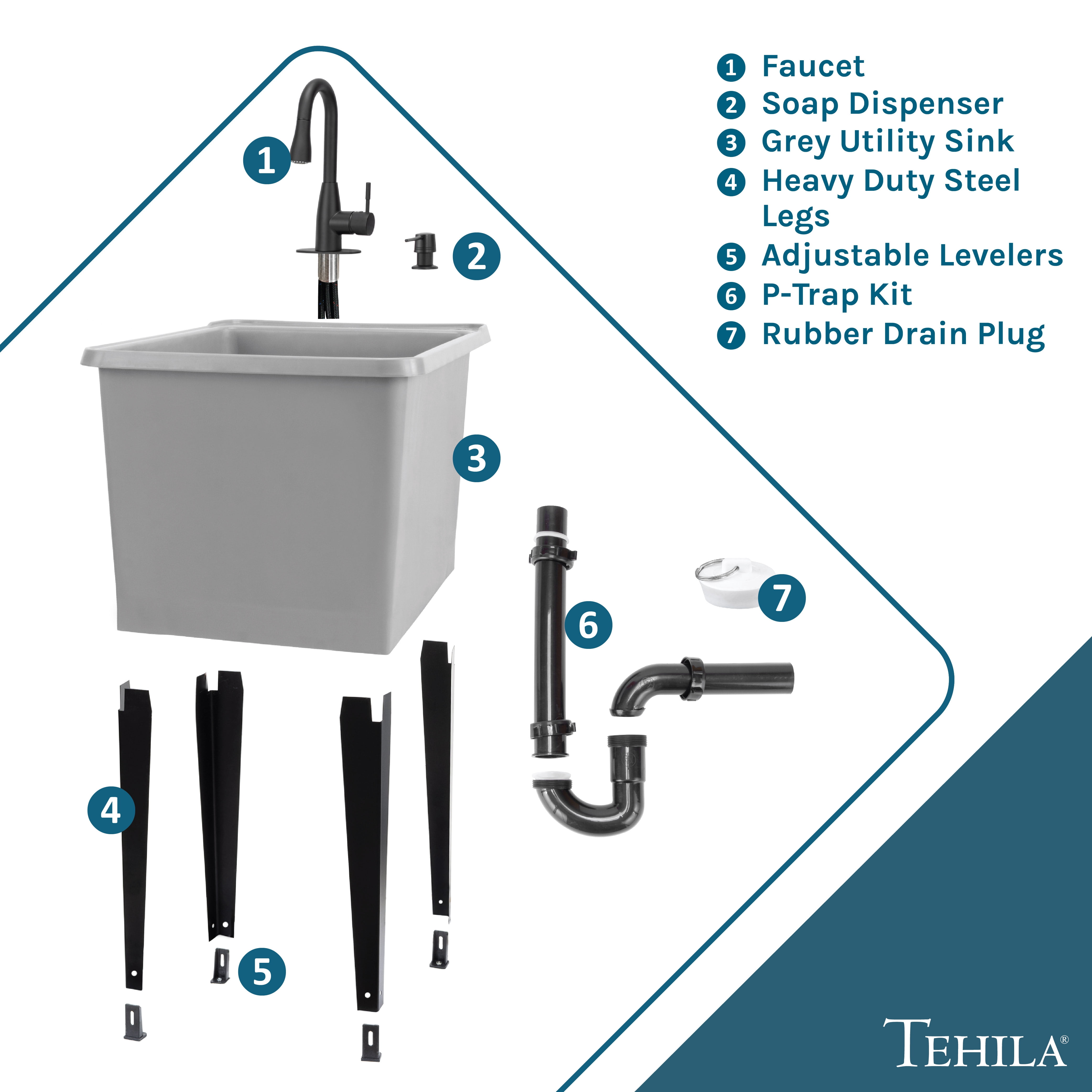 TEHILA Space Saver 16 Gallon Grey Utility Sink with Black Pull-Down Faucet with Pause Mode