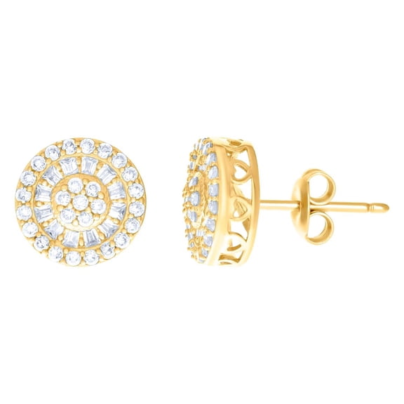 10k Yellow Gold Womens Baguette Round Cubic Zirconia Fashion Stud Earrings 10x10mm Wide Stud Earring for Women